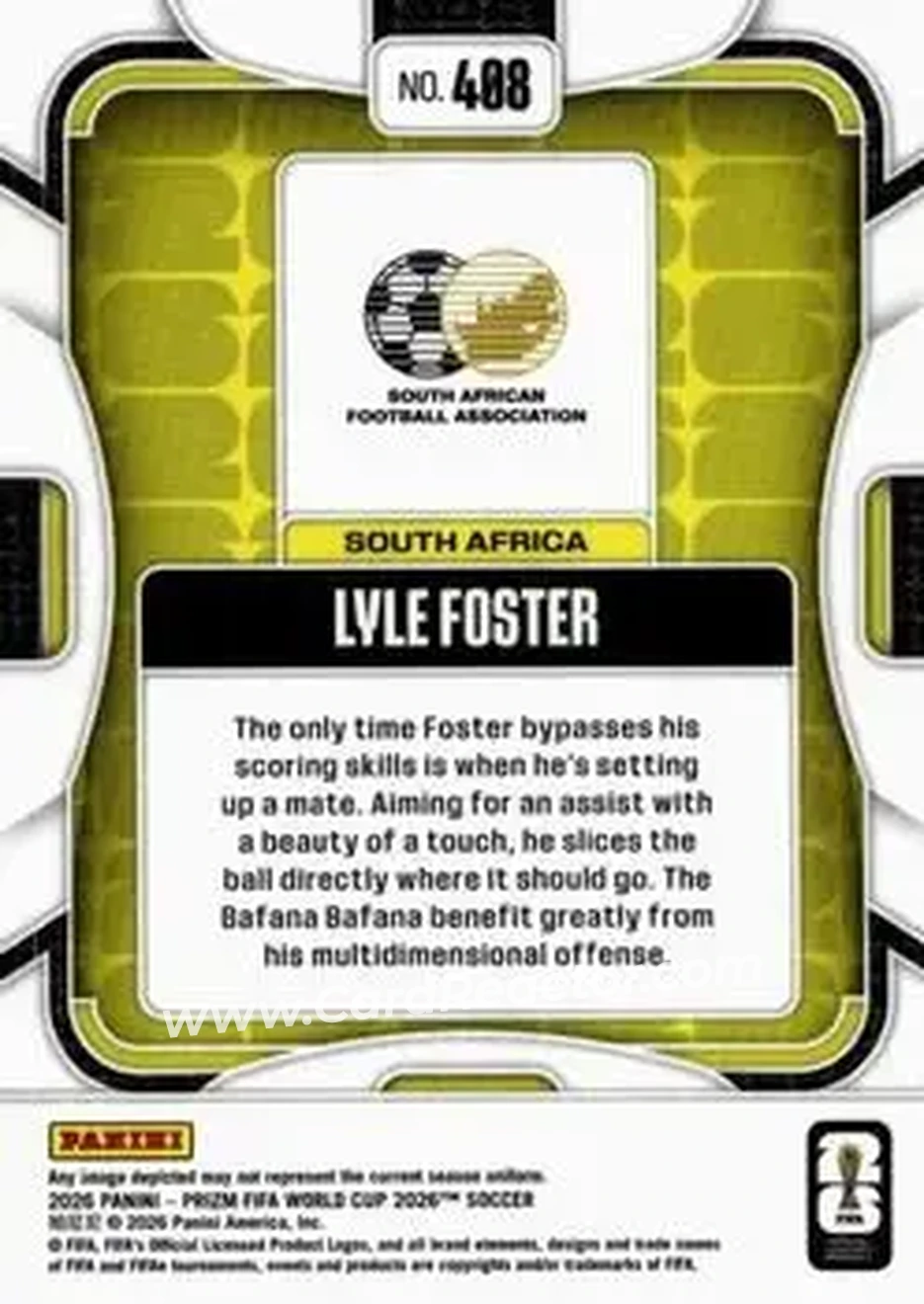2026 Panini Prizm FIFA World Cup #408 - Lyle Foster - South Africa - Back