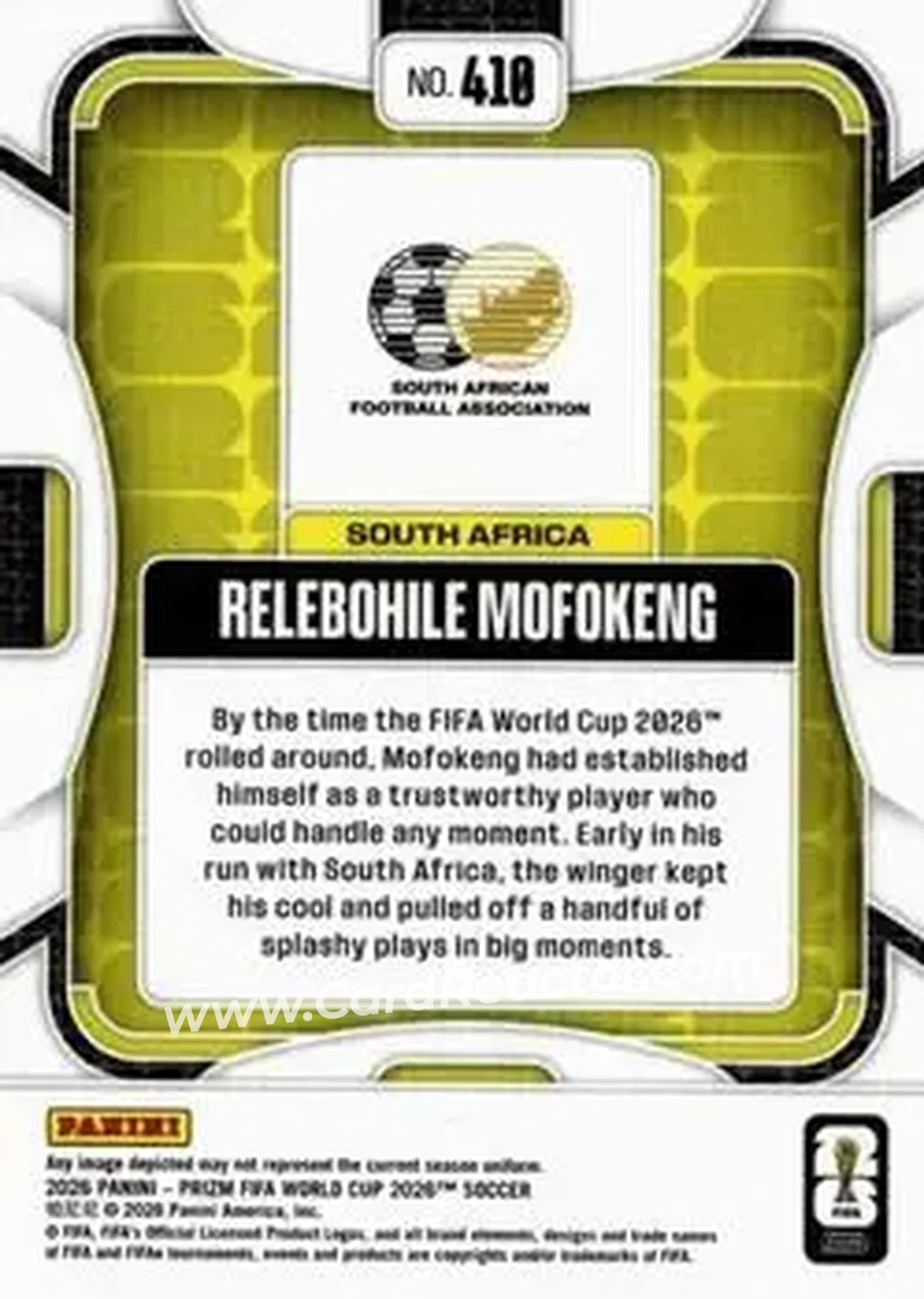 2026 Panini Prizm FIFA World Cup #410 - Relebohile Mofokeng - South Africa - Back