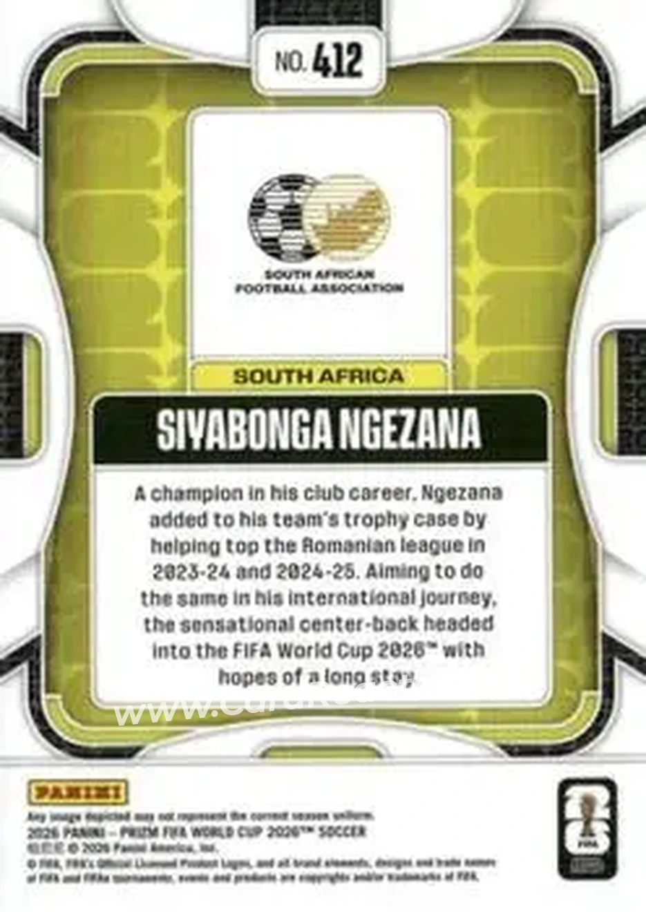 2026 Panini Prizm FIFA World Cup #412 - Siyabonga Ngezana - South Africa - Back