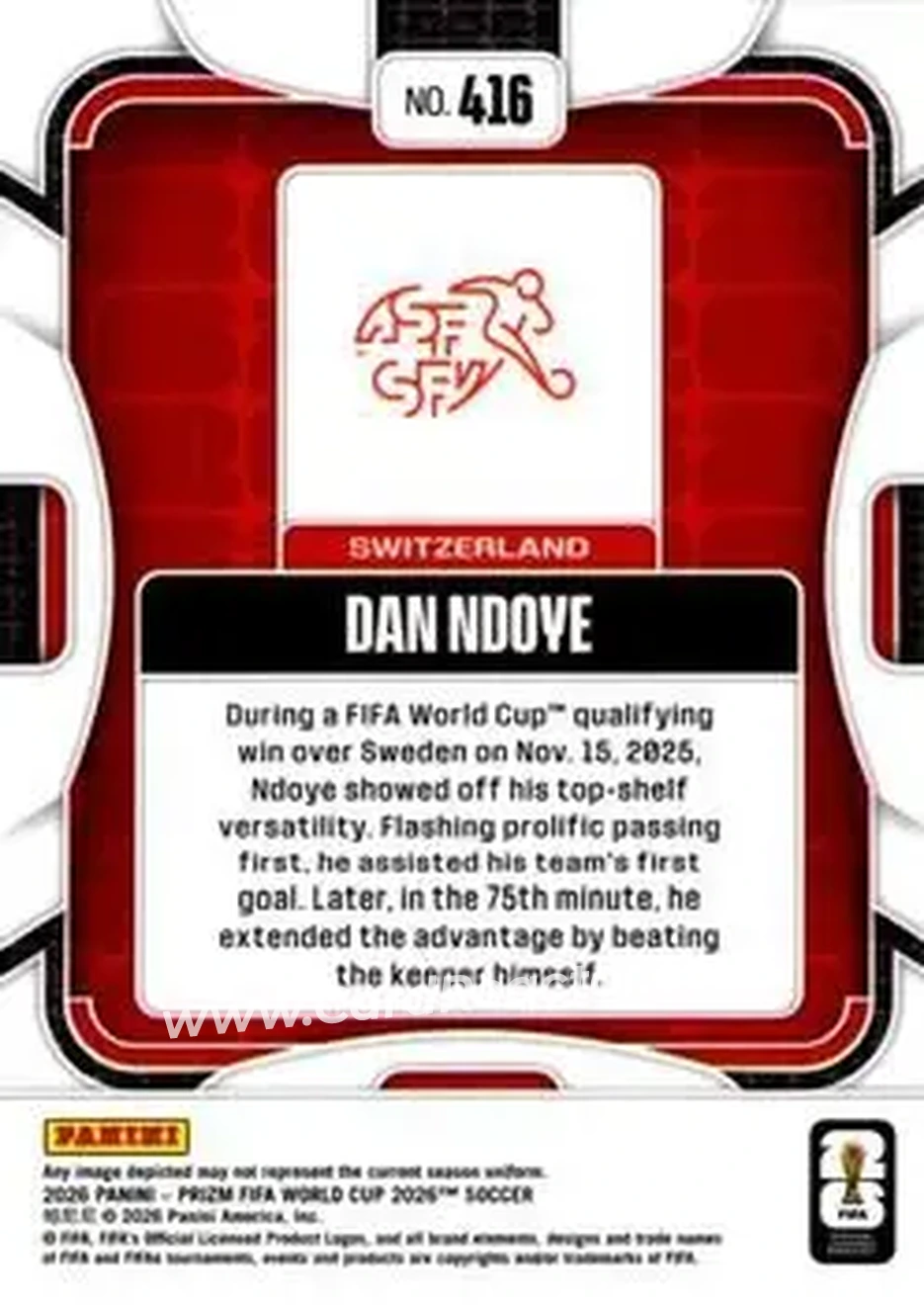 2026 Panini Prizm FIFA World Cup #416 - Dan Ndoye - Switzerland - Back
