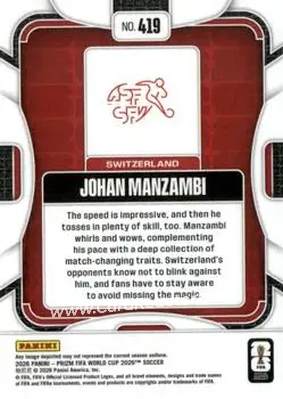 2026 Panini Prizm FIFA World Cup #419 - Johan Manzambi - Switzerland - Back