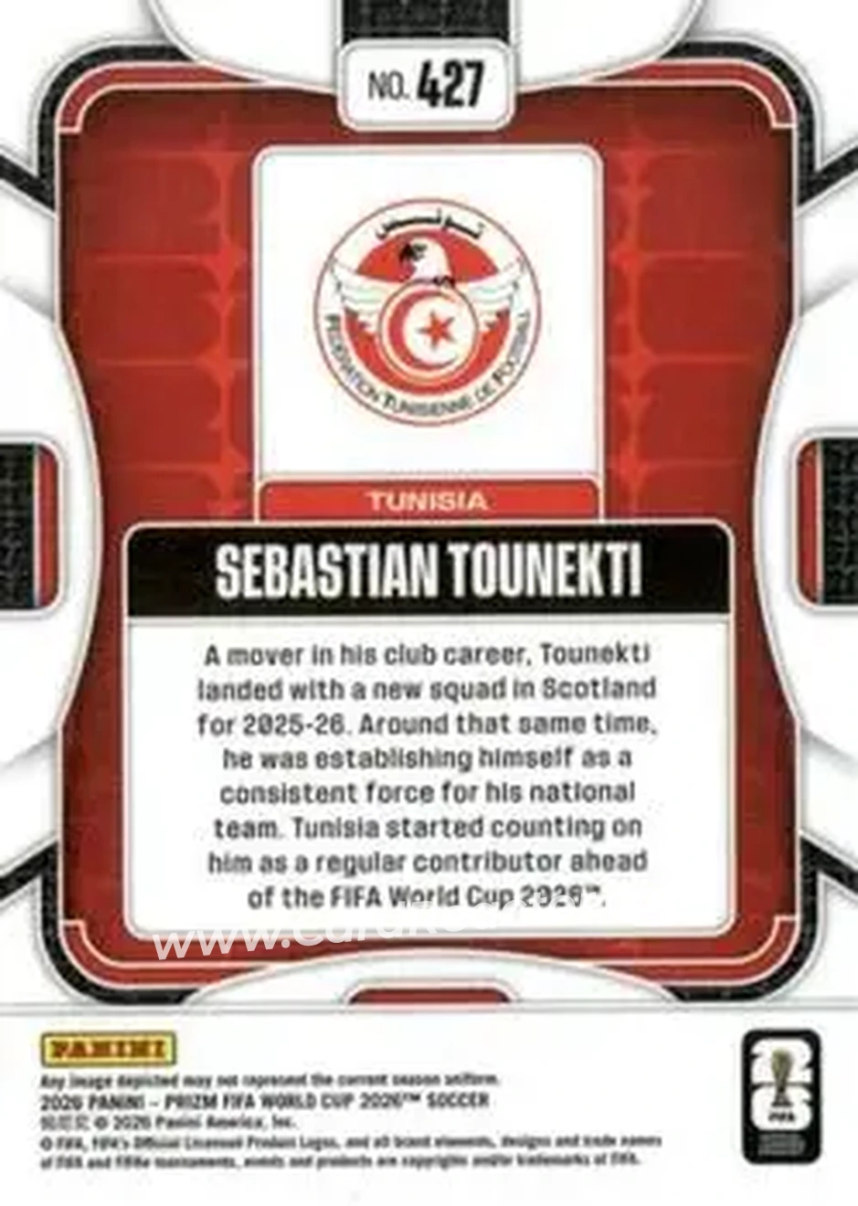 2026 Panini Prizm FIFA World Cup #427 - Sebastian Tounekti - Tunisia - Back