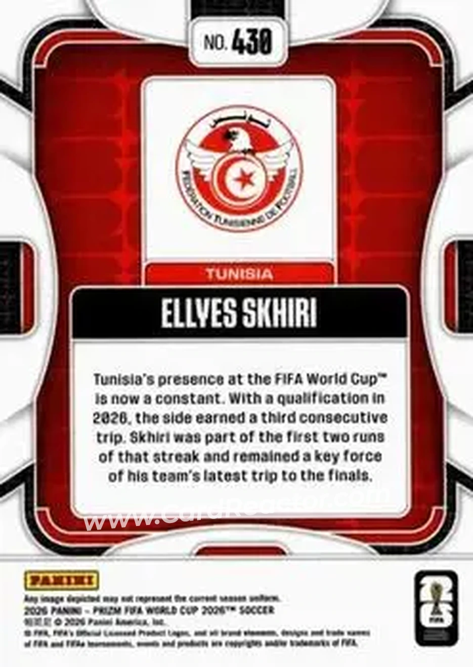 2026 Panini Prizm FIFA World Cup #430 - Ellyes Skhiri - Tunisia - Back