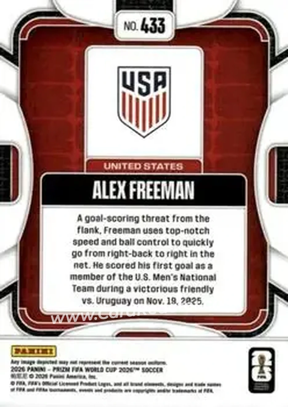 2026 Panini Prizm FIFA World Cup #433 - Alex Freeman - USA - Back