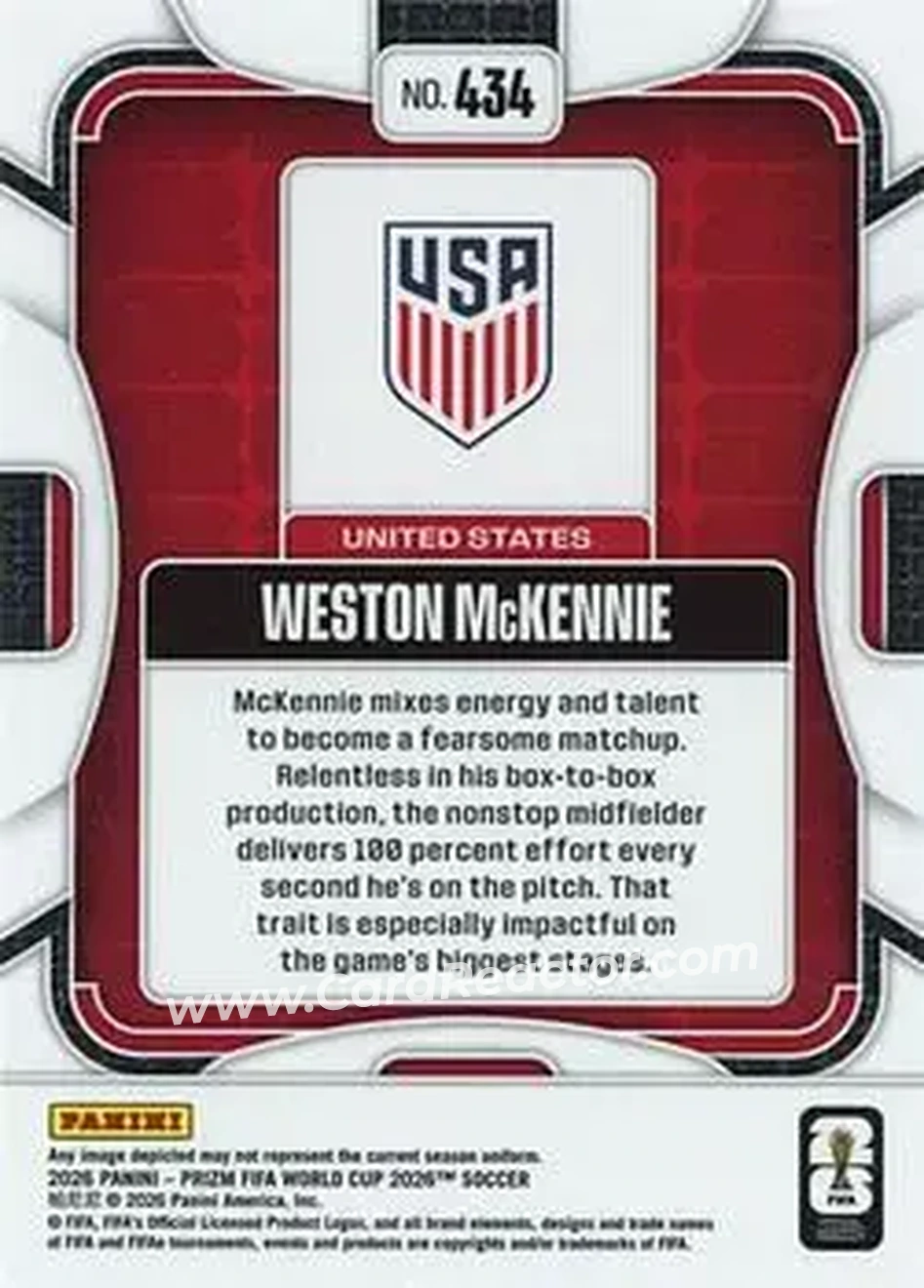 2026 Panini Prizm FIFA World Cup #434 - Weston McKennie - USA - Back