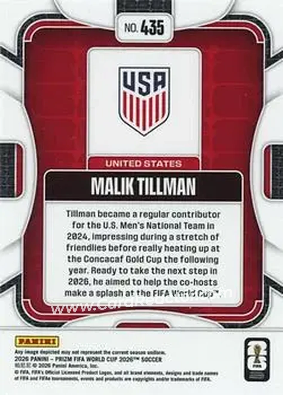 2026 Panini Prizm FIFA World Cup #435 - Malik Tillman - USA - Back