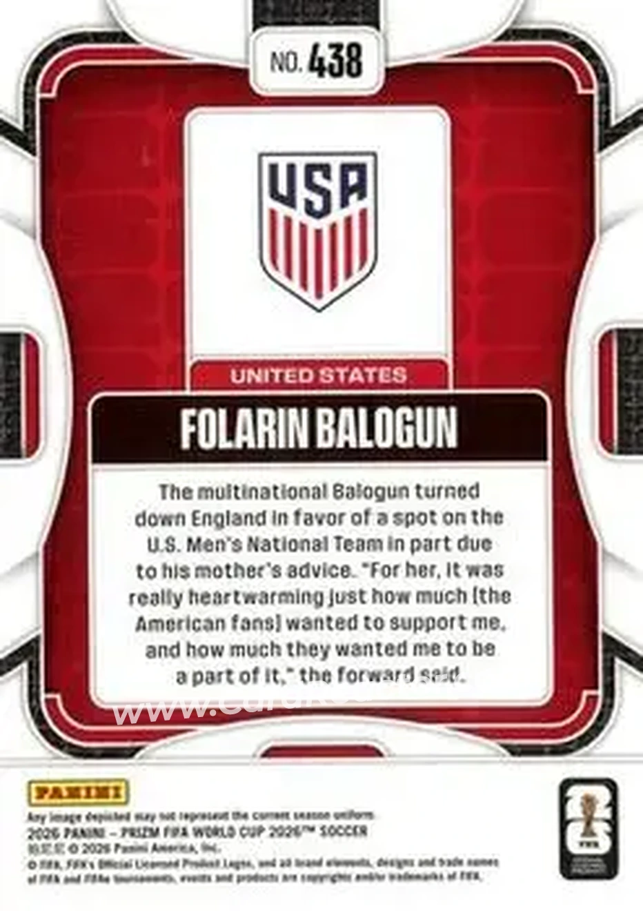 2026 Panini Prizm FIFA World Cup #438 - Folarin Balogun - USA - Back