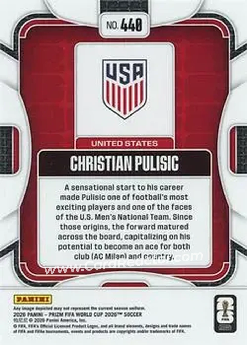 2026 Panini Prizm FIFA World Cup #440 - Christian Pulisic - USA - Back