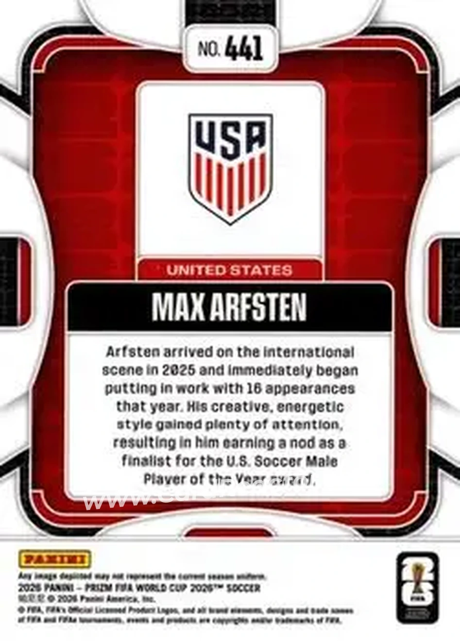 2026 Panini Prizm FIFA World Cup #441 - Max Arfsten - USA - Back