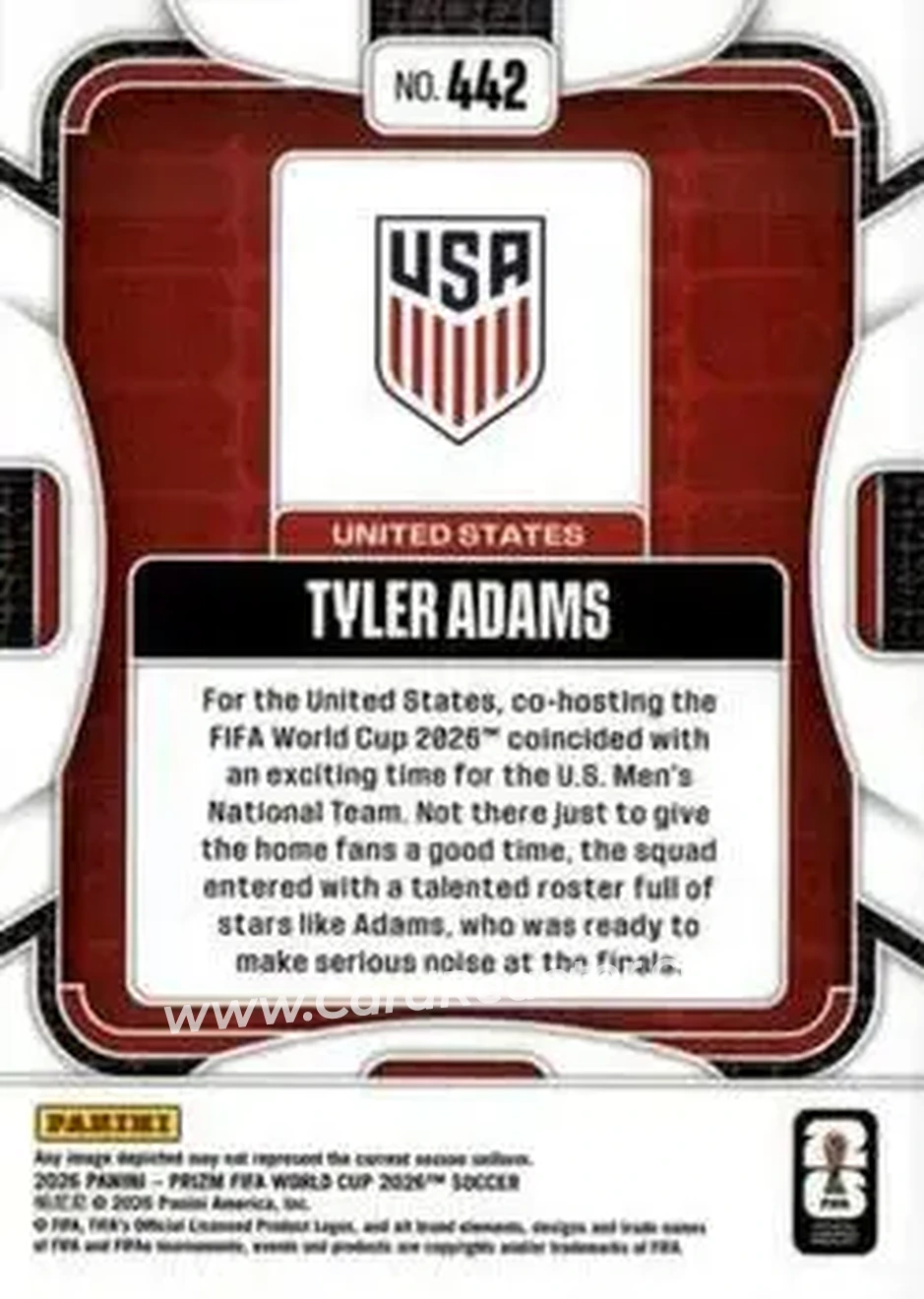 2026 Panini Prizm FIFA World Cup #442 - Tyler Adams - USA - Back