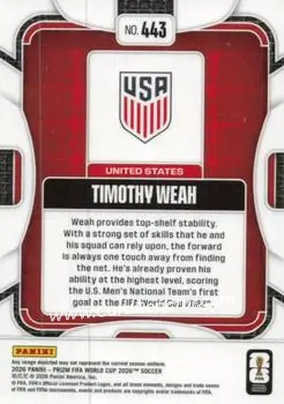 2026 Panini Prizm FIFA World Cup #443 - Timothy Weah - USA - Back
