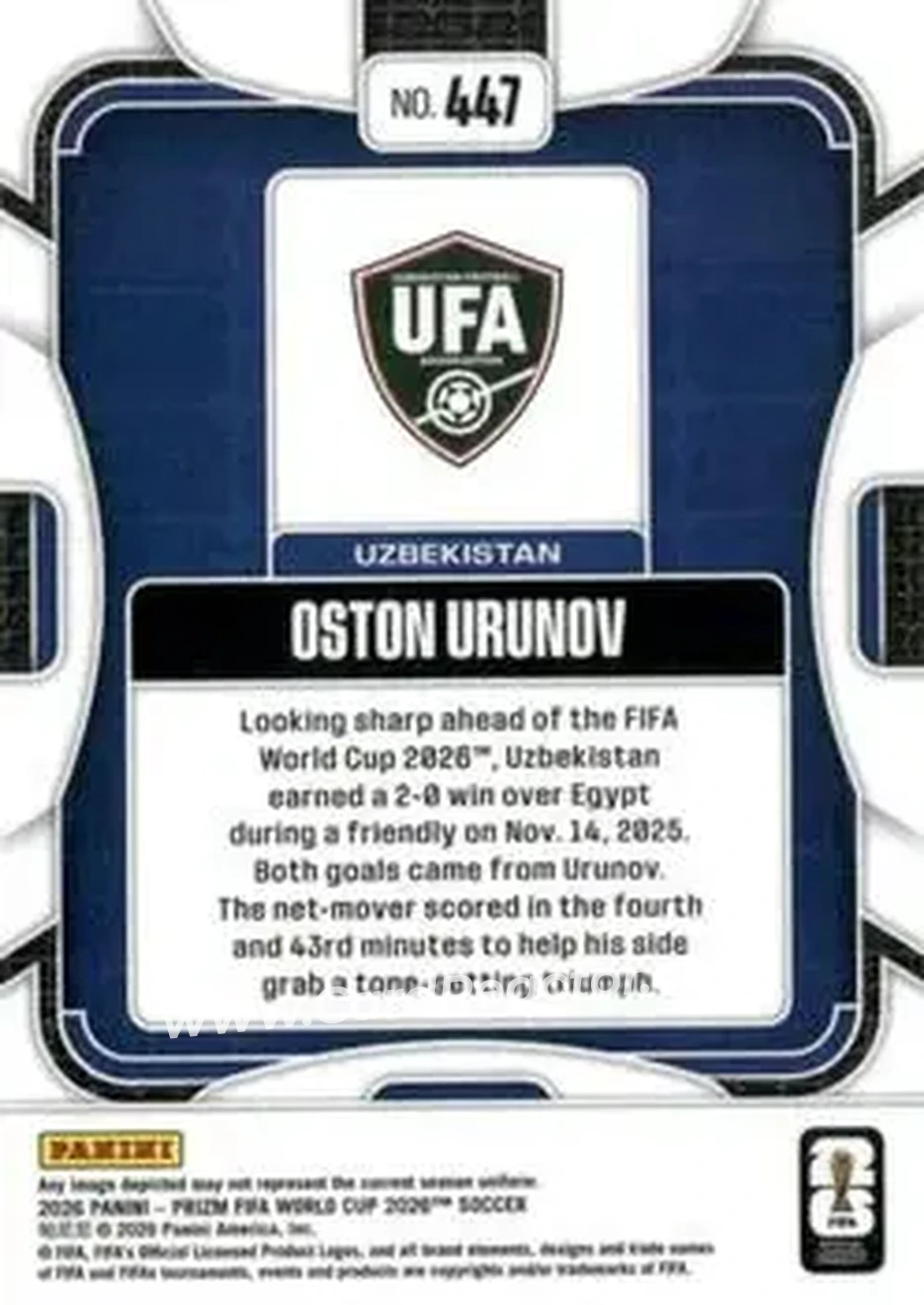 2026 Panini Prizm FIFA World Cup #447 - Oston Urunov - Uzbekistan - Back