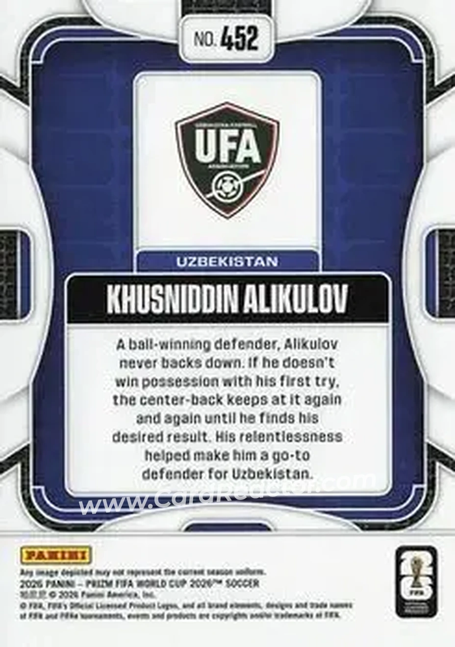 2026 Panini Prizm FIFA World Cup #452 - Khusniddin Alikulov - Uzbekistan - Back