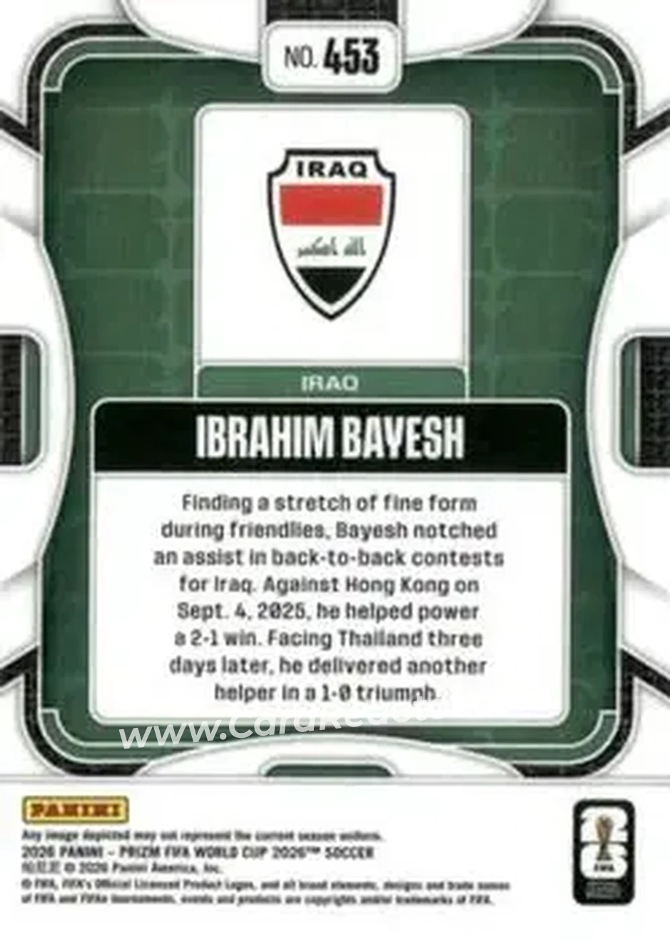 2026 Panini Prizm FIFA World Cup #453 - Ibrahim Bayesh - Iraq - Back