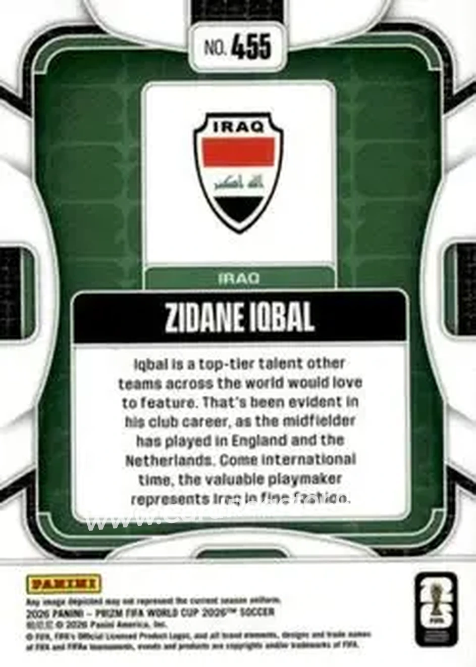 2026 Panini Prizm FIFA World Cup #455 - Zidane Iqbal - Iraq - Back
