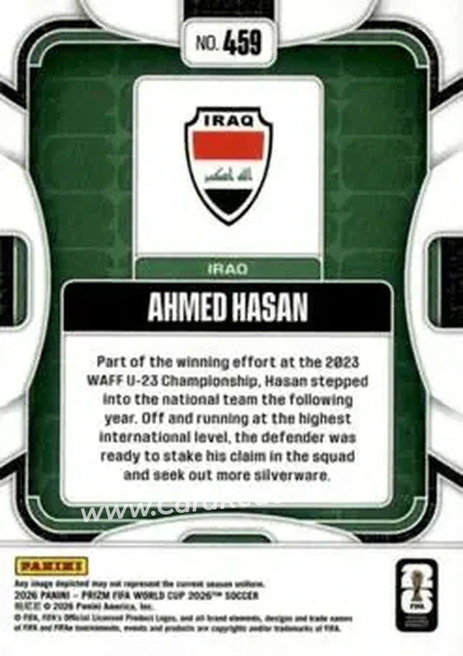 2026 Panini Prizm FIFA World Cup #459 - Ahmed Hasan - Iraq - Back