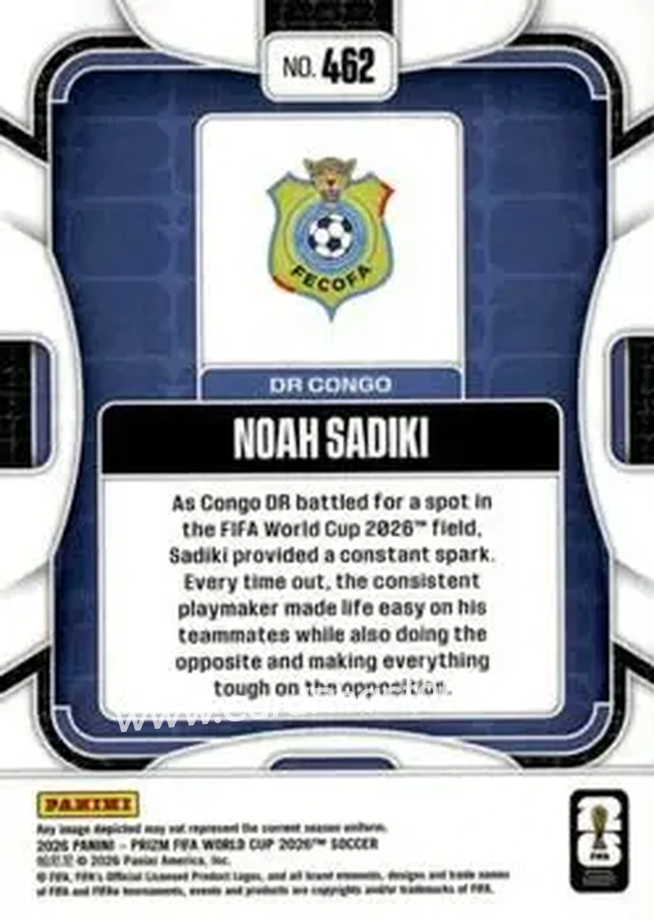 2026 Panini Prizm FIFA World Cup #462 - Noah Sadiki - Democratic Republic of the Congo - Back