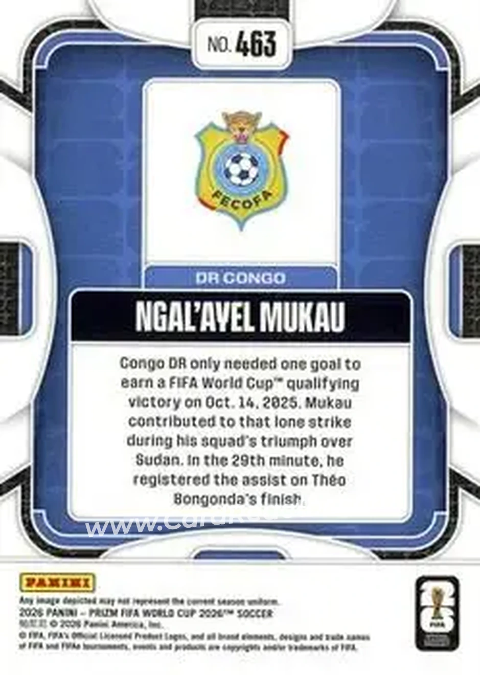 2026 Panini Prizm FIFA World Cup #463 - Ngal'ayel Mukau - Democratic Republic of the Congo - Back
