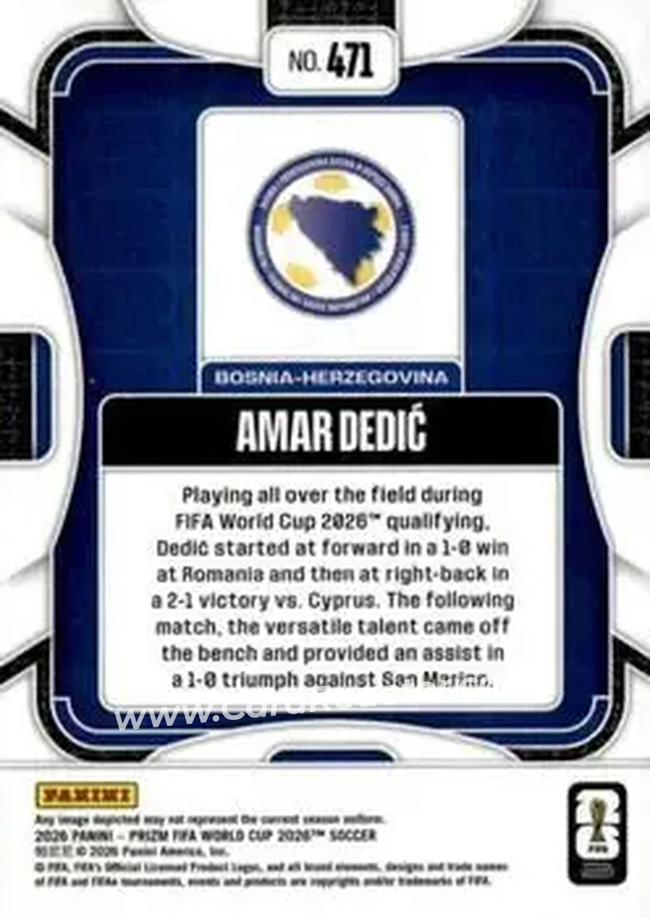 2026 Panini Prizm FIFA World Cup #471 - Amar Dedic - Bosnia and Herzegovina - Back
