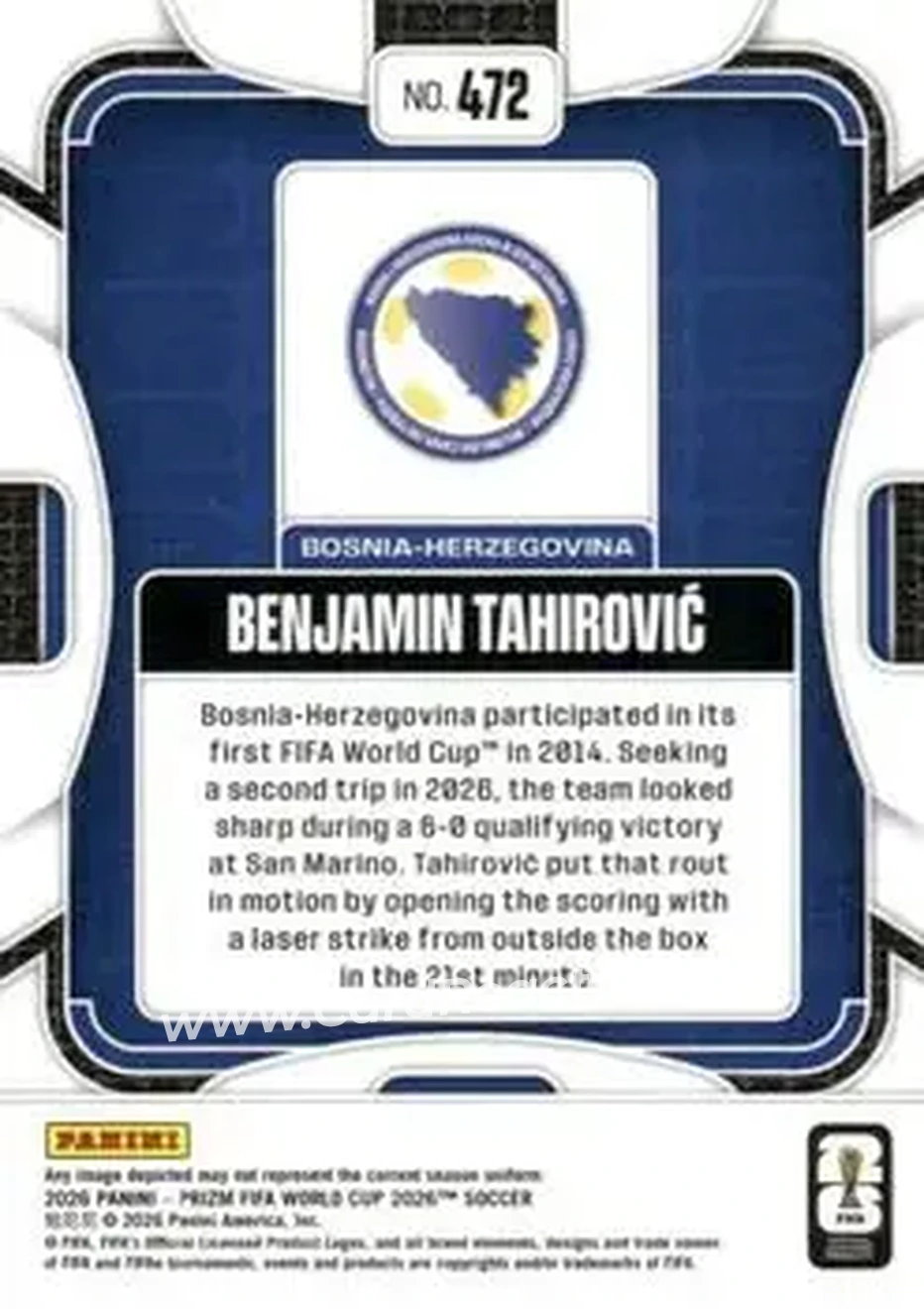 2026 Panini Prizm FIFA World Cup #472 - Benjamin Tahirovic - Bosnia and Herzegovina - Back