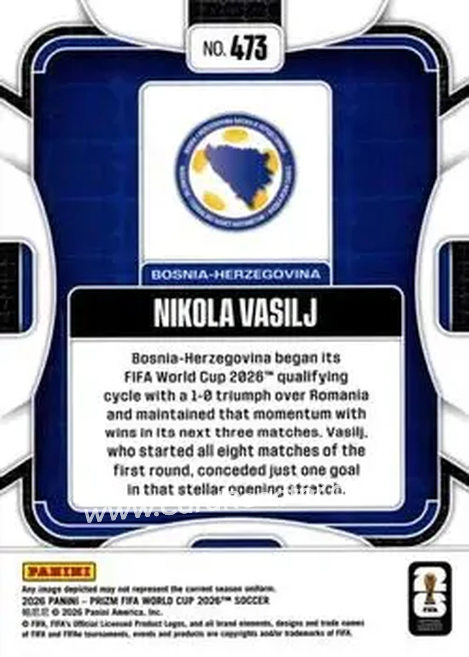 2026 Panini Prizm FIFA World Cup #473 - Nikola Vasilj - Bosnia and Herzegovina - Back