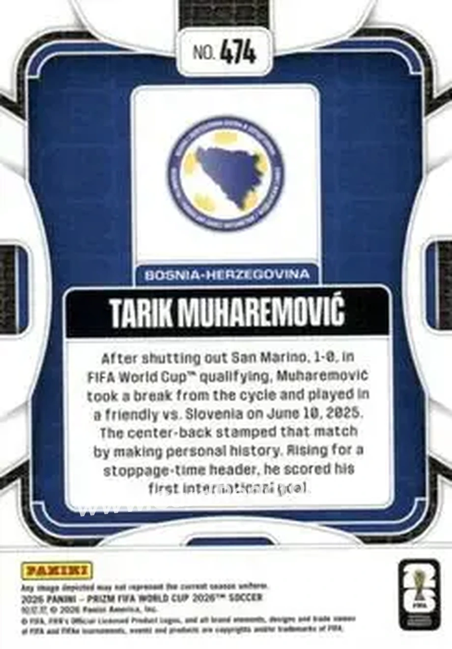 2026 Panini Prizm FIFA World Cup #474 - Tarik Muharemovic - Bosnia and Herzegovina - Back