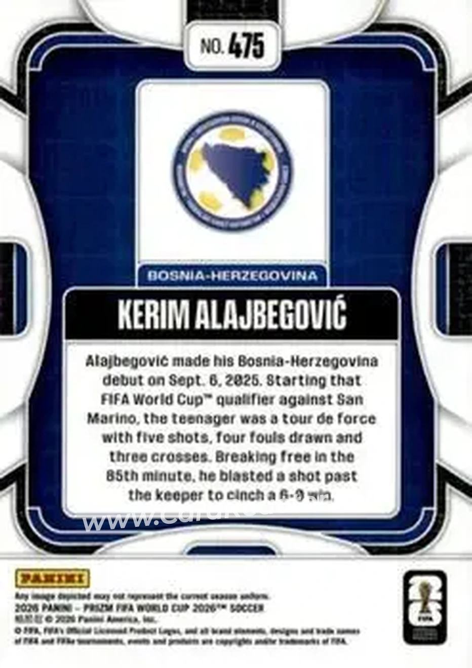 2026 Panini Prizm FIFA World Cup #475 - Kerim Alajbegovic - Bosnia and Herzegovina - Back