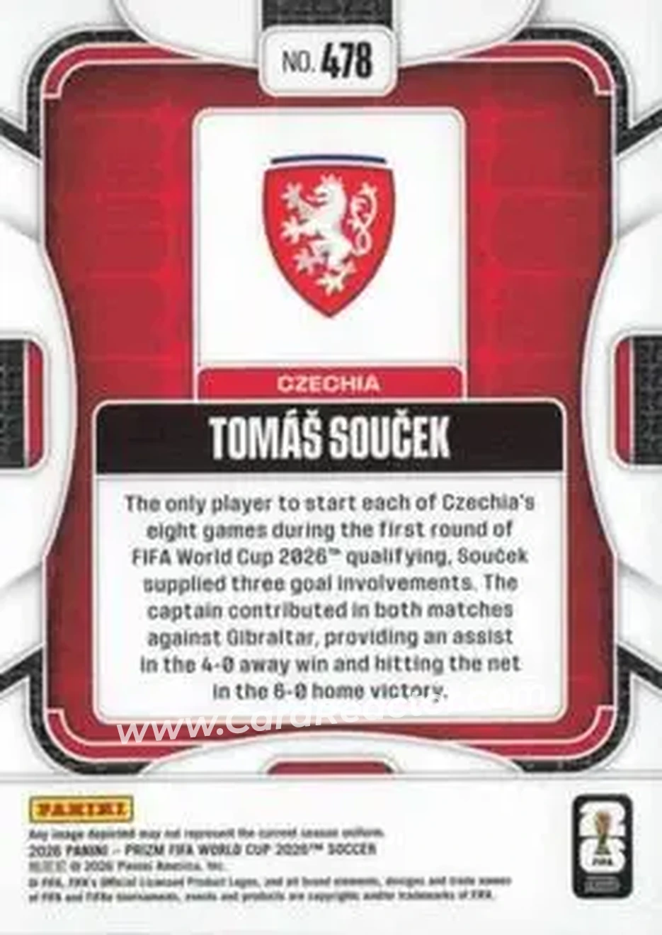 2026 Panini Prizm FIFA World Cup #478 - Tomas Soucek - Czech Republic - Back