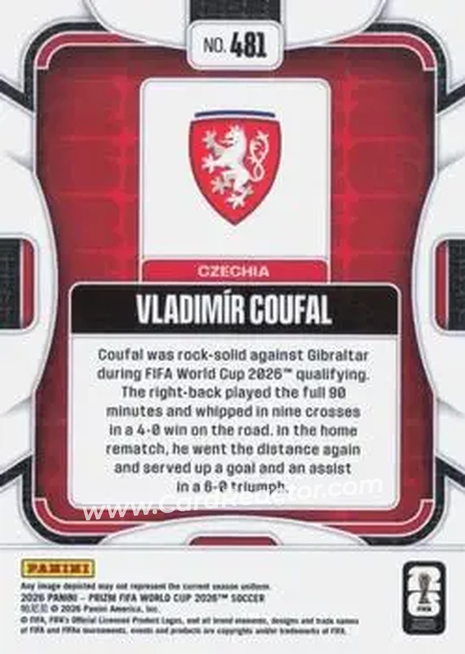 2026 Panini Prizm FIFA World Cup #481 - Vladimir Coufal - Czech Republic - Back