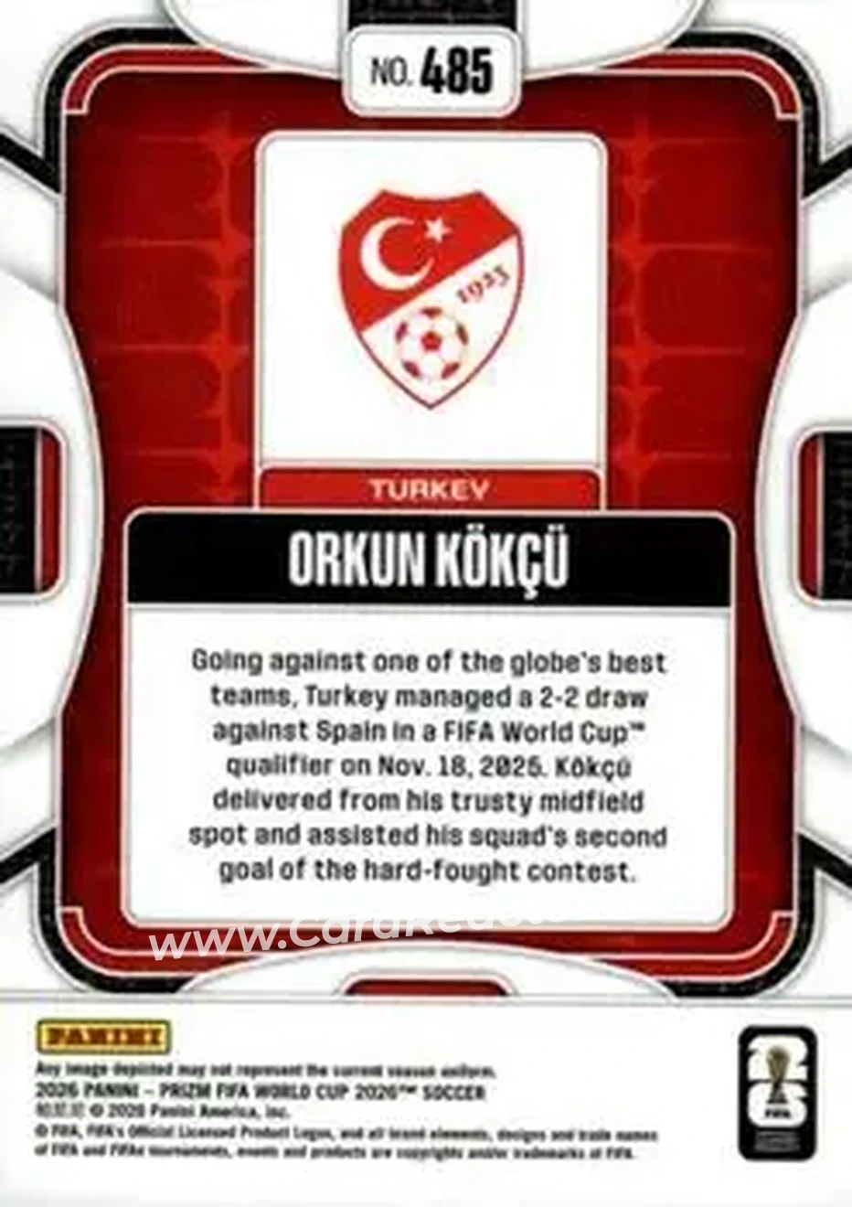 2026 Panini Prizm FIFA World Cup #485 - Orkun Kokcu - Turkey - Back