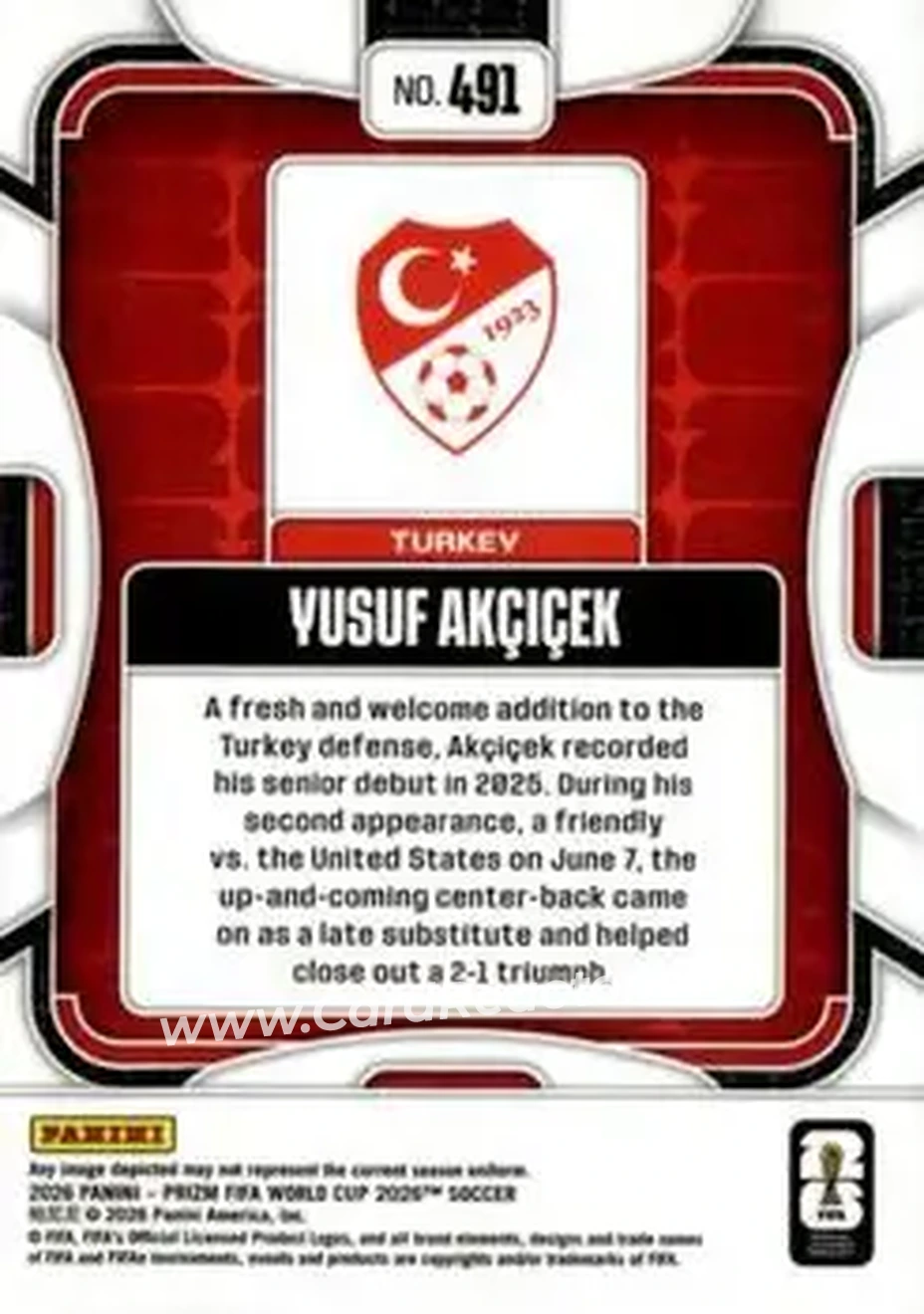 2026 Panini Prizm FIFA World Cup #491 - Yusuf Akcicek - Turkey - Back