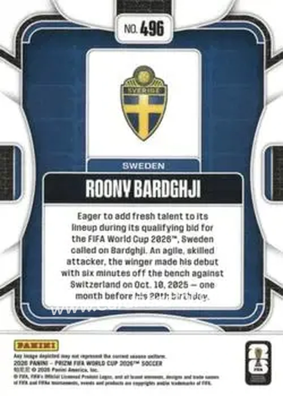 2026 Panini Prizm FIFA World Cup #496 - Roony Bardghji - Sweden - Back