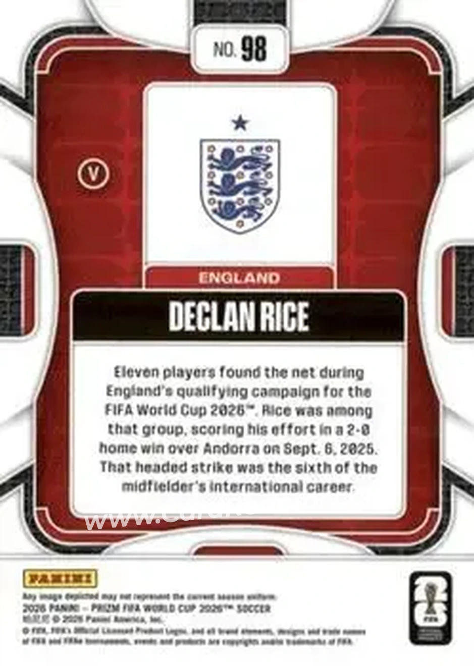 2026 Panini Prizm FIFA World Cup #98 - Declan Rice - England - Back