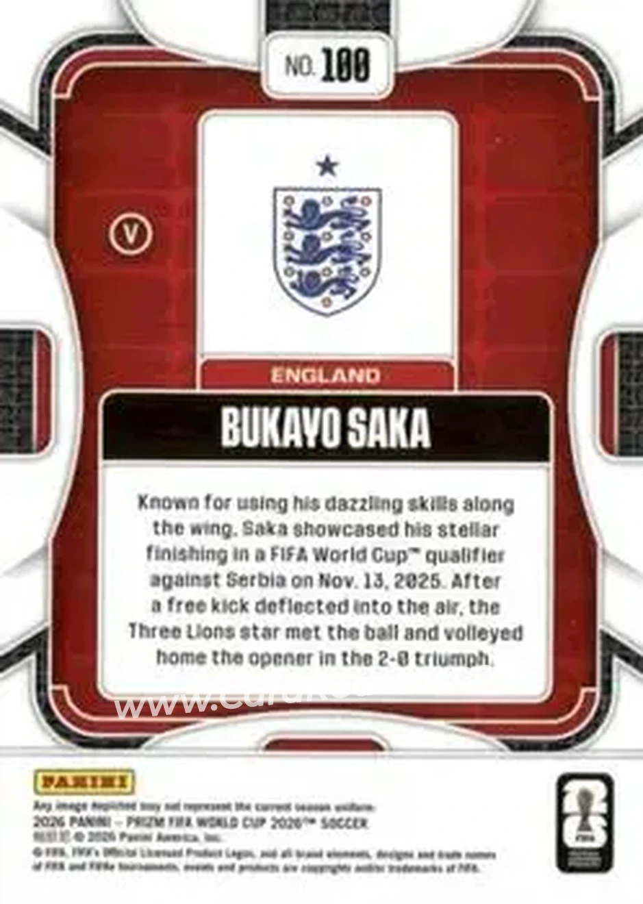 2026 Panini Prizm FIFA World Cup #100 - Bukayo Saka - England - Back