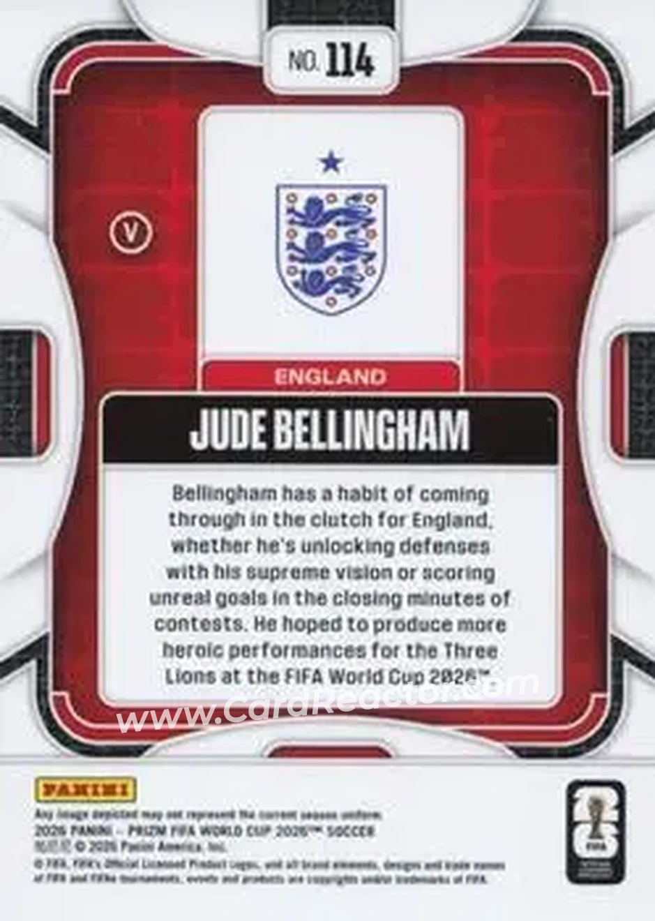 2026 Panini Prizm FIFA World Cup #114 - Jude Bellingham - England - Back
