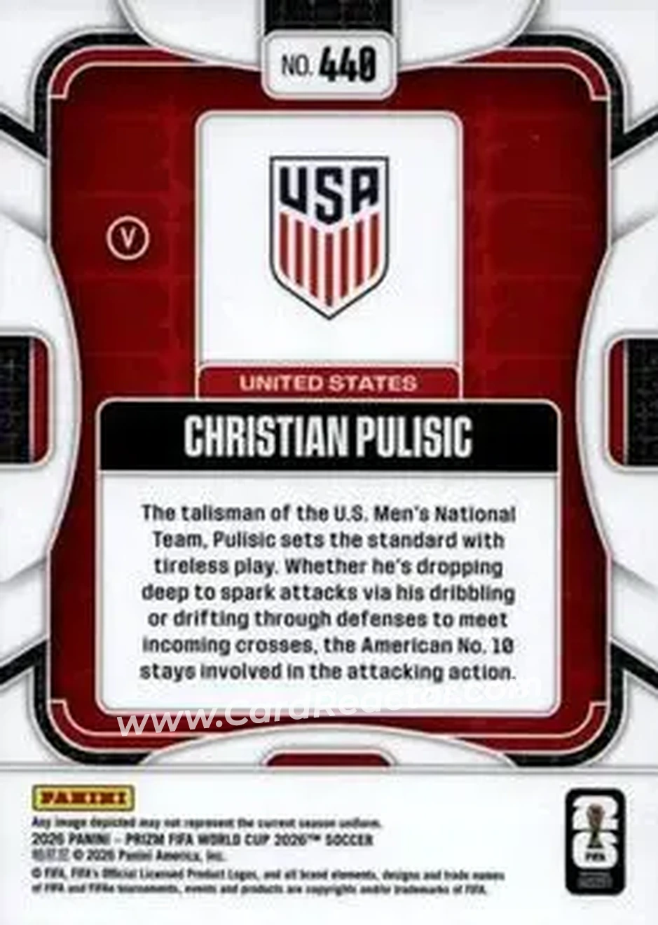 2026 Panini Prizm FIFA World Cup #440 - Christian Pulisic - USA - Back
