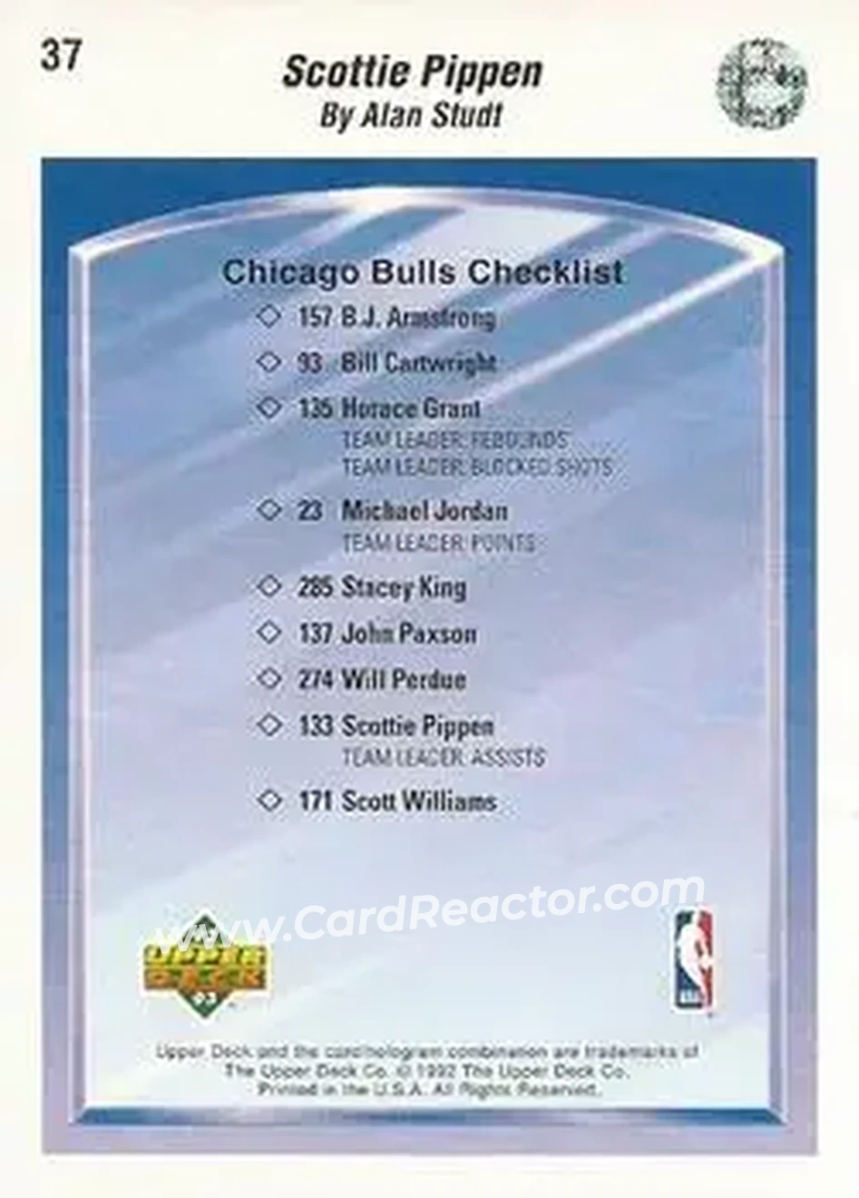 1992-93 Upper Deck #37 - Scottie Pippen - Chicago Bulls - Back 1992-93 Upper Deck #37 - Scottie Pippen - Chicago Bulls - Back