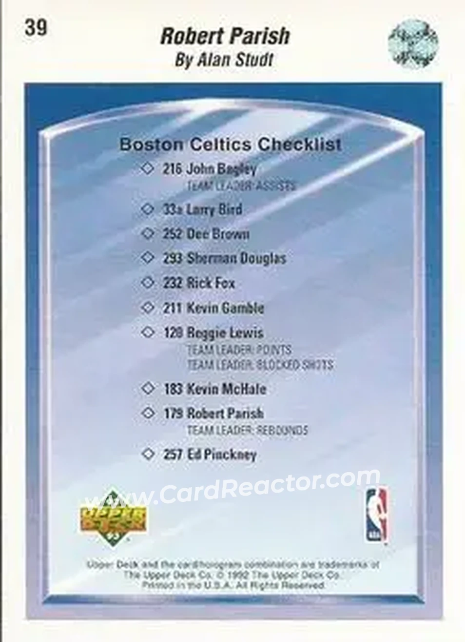 1992-93 Upper Deck #39 - Robert Parish - Boston Celtics - Back
