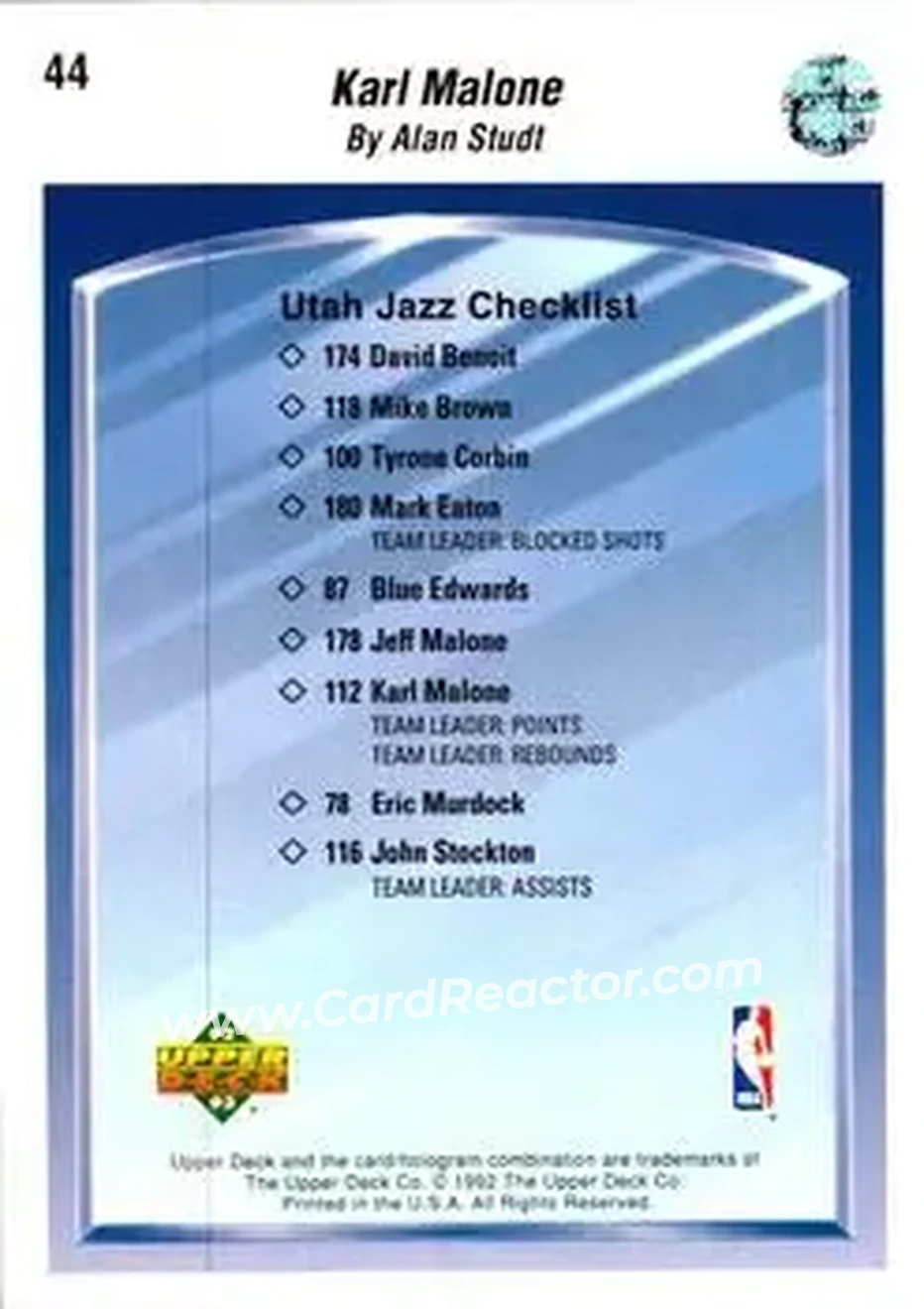 1992-93 Upper Deck #44 - Karl Malone - Utah Jazz - Back