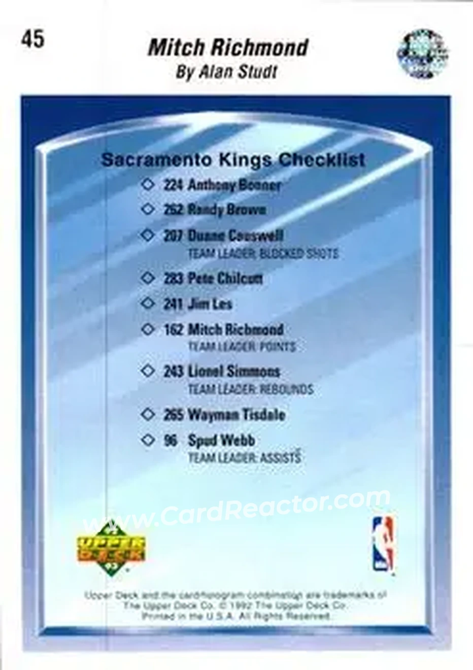 1992-93 Upper Deck #45 - Mitch Richmond - Sacramento Kings - Back