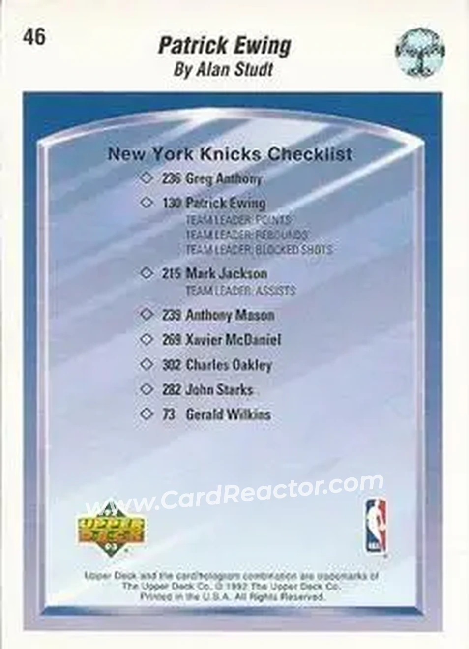 1992-93 Upper Deck #46 - Patrick Ewing - New York Knicks - Back