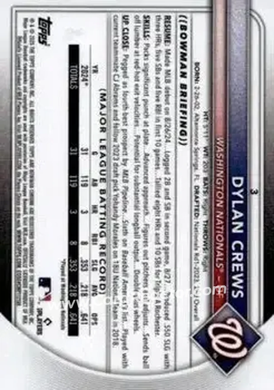 2025 Bowman Chrome #3 - Dylan Crews - Washington Nationals - Back