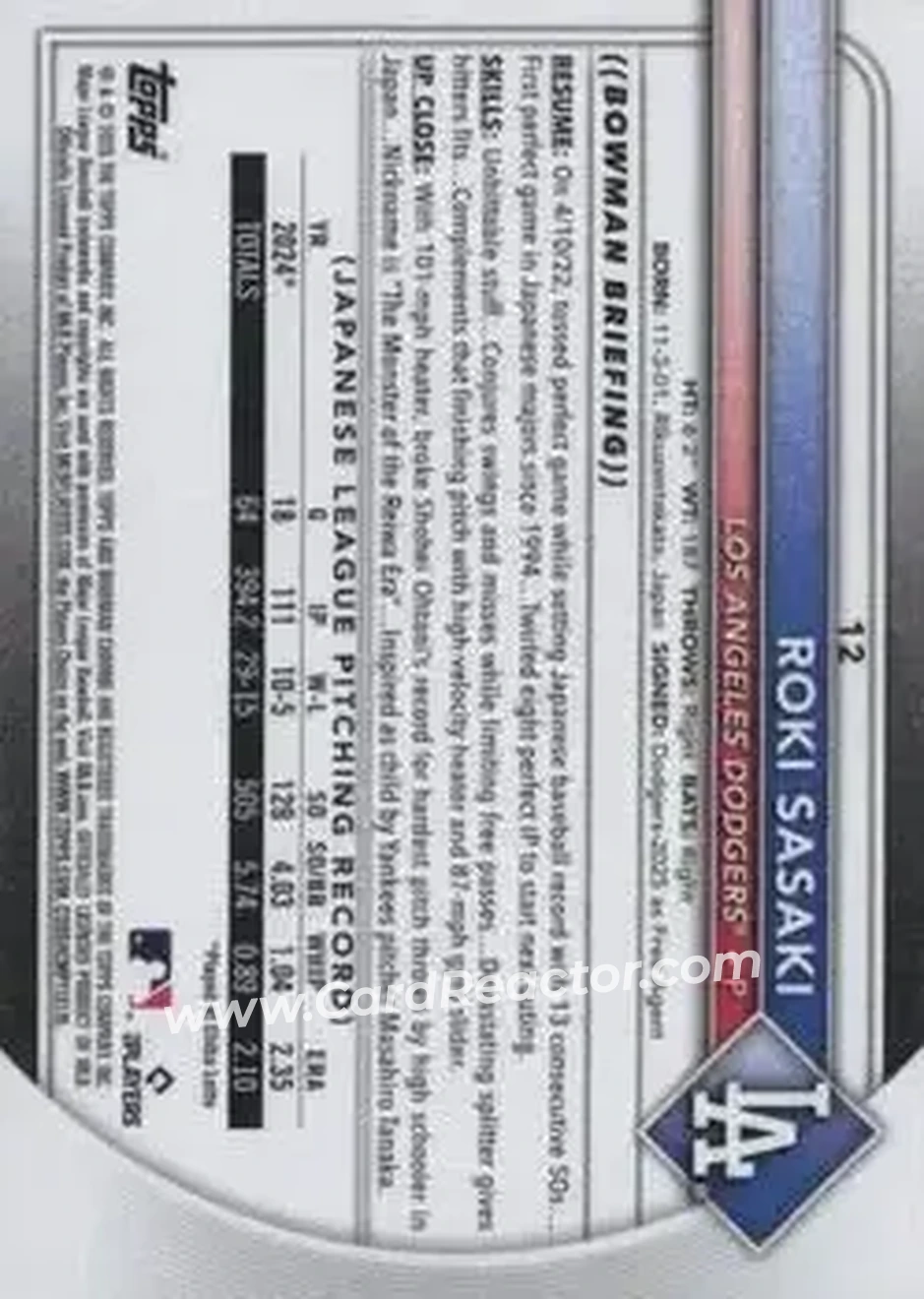 2025 Bowman Chrome #12 - Roki Sasaki - Los Angeles Dodgers - Back