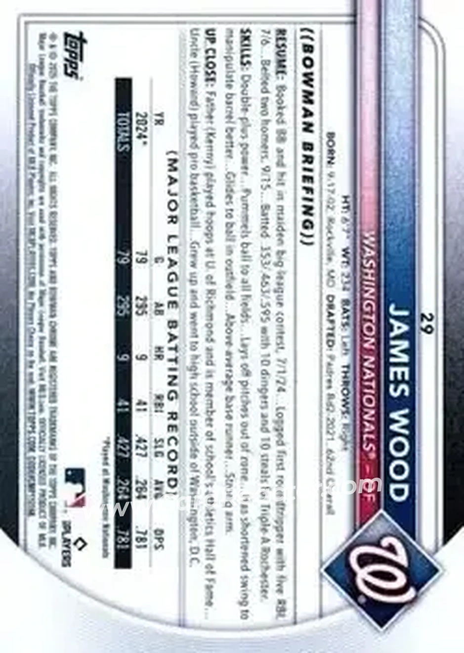 2025 Bowman Chrome #29 - James Wood - Washington Nationals - Back