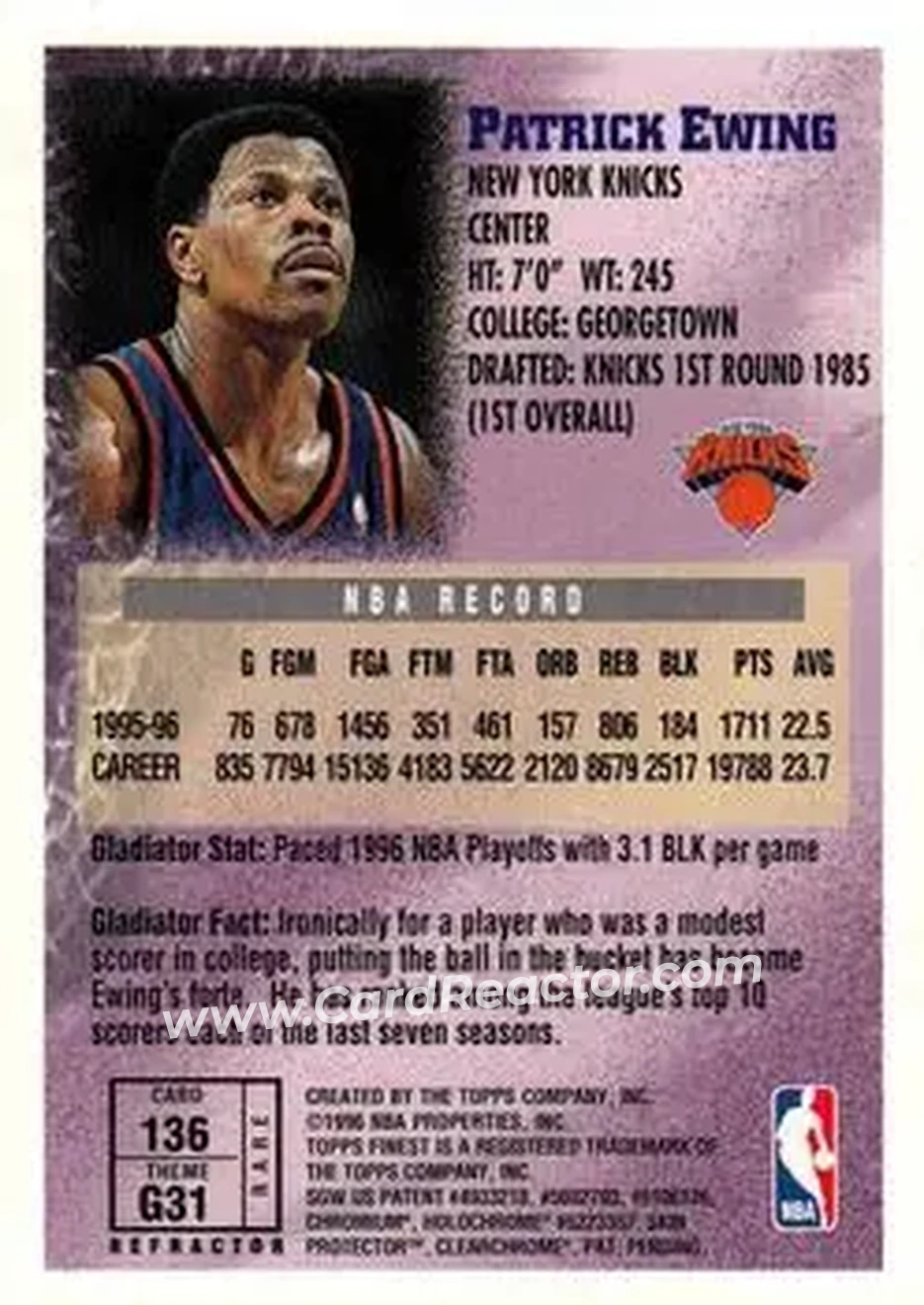 1996-97 Finest - Refractors #136 - Patrick Ewing - New York Knicks - Back
