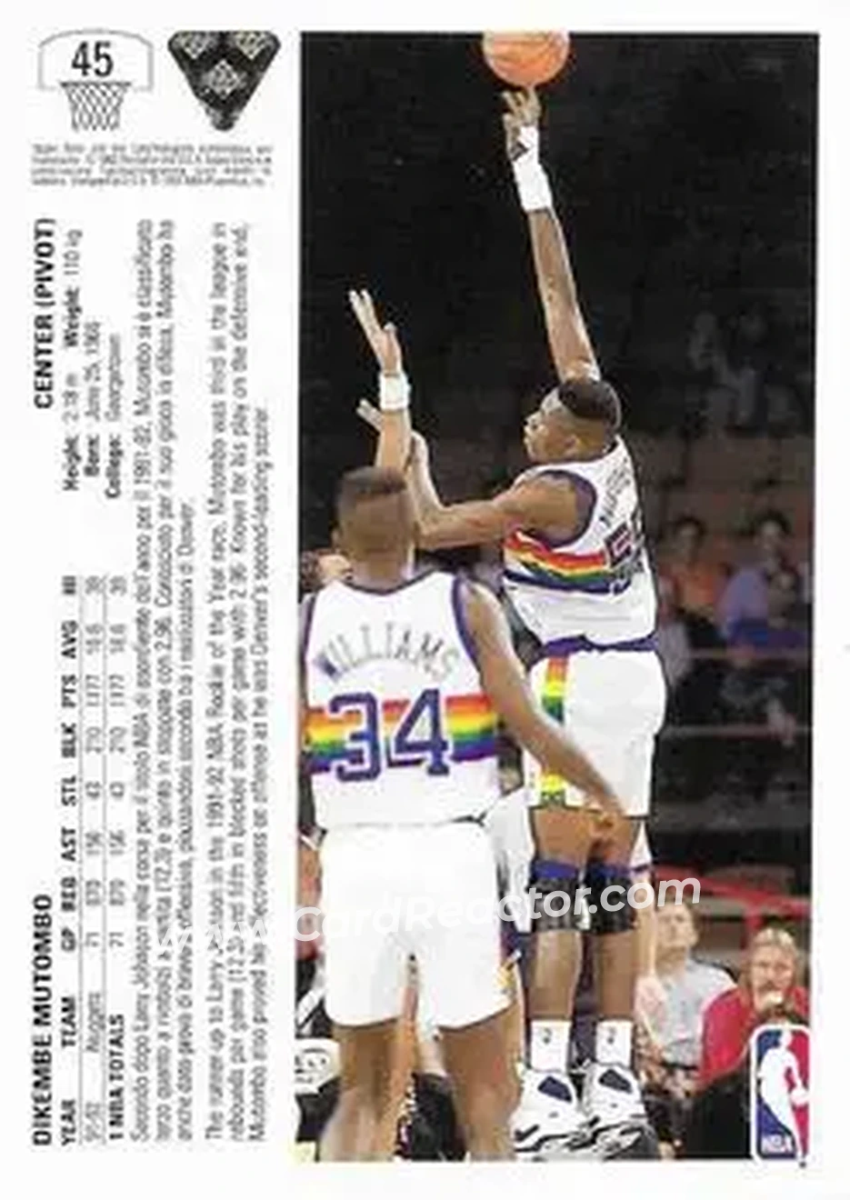 1991-92 Upper Deck Italian #45 - Dikembe Mutombo - Denver Nuggets - Back 1991-92 Upper Deck Italian #45 - Dikembe Mutombo - Denver Nuggets - Back