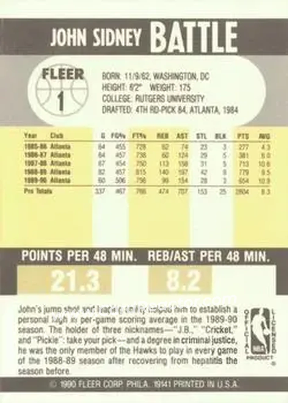 1990-91 Fleer #1 - John Battle - Atlanta Hawks - Back 1990-91 Fleer #1 - John Battle - Atlanta Hawks - Back
