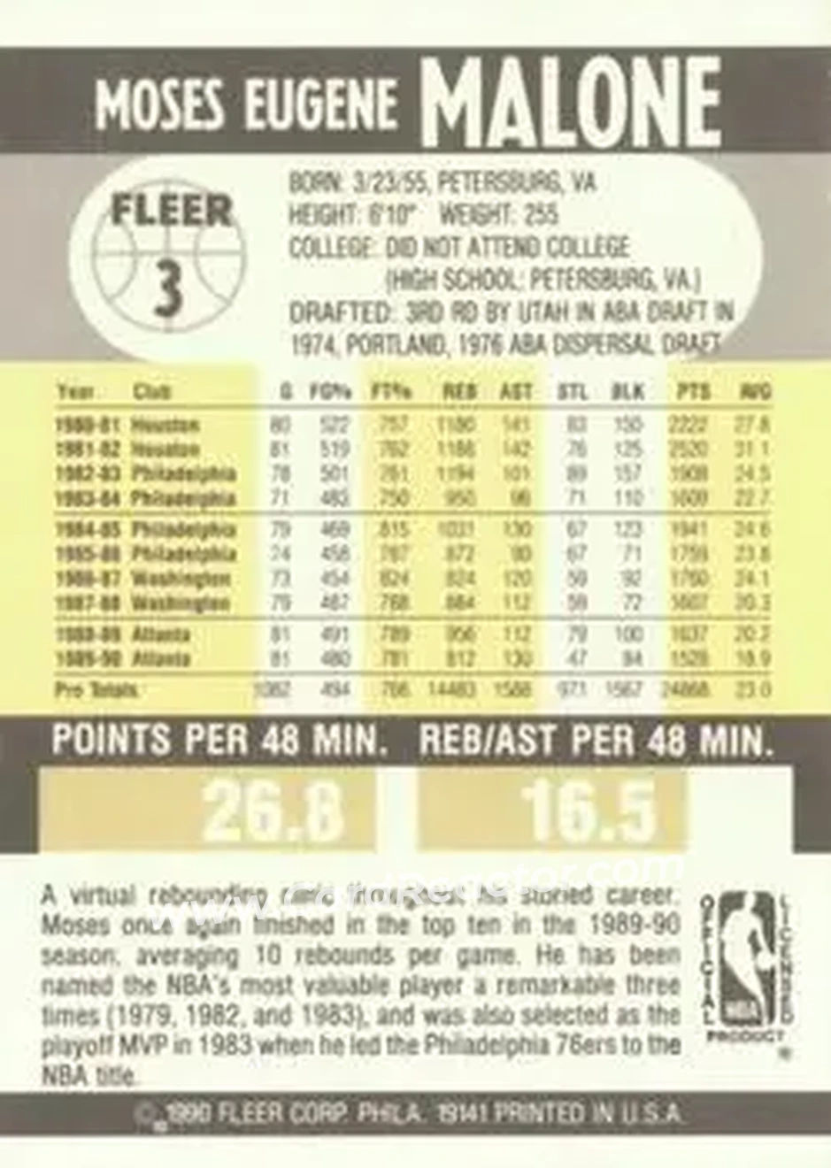 1990-91 Fleer #3 - Moses Malone - Atlanta Hawks - Back