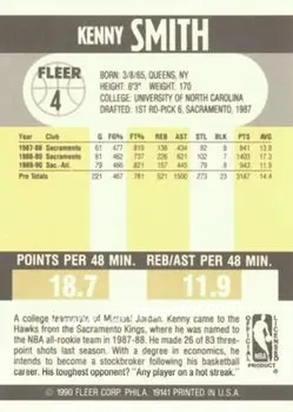 1990-91 Fleer #4 - Kenny Smith - Atlanta Hawks - Back 1990-91 Fleer #4 - Kenny Smith - Atlanta Hawks - Back