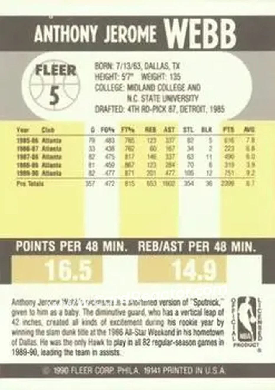 1990-91 Fleer #5 - Spud Webb - Atlanta Hawks - Back 1990-91 Fleer #5 - Spud Webb - Atlanta Hawks - Back